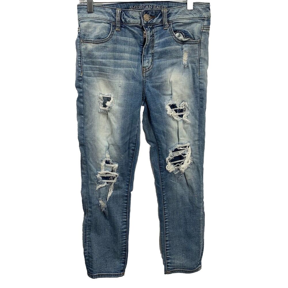 American Eagle Jegging Womens 8 Blue Hi-Rise Crop Super StretchDistressed Ripped